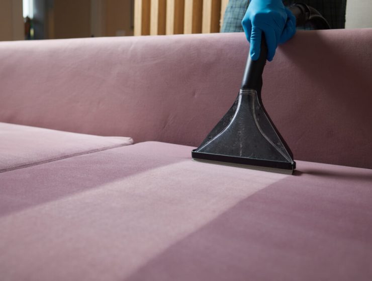 Dry cleaner's employee hand in protective rubber glove cleaning sofa with professionally extraction method